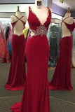 V-Neck Beaded Bodice Open Back Prom Dresses Column Spandex Sweep Train