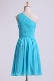 One Shoulder Bridesmaid Dresses A Line Knee Length Chiffon With Ruffle