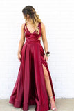 V-Neck Side Split Burgundy Prom Dress With Cutout Back