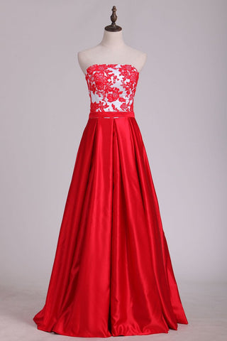 New Arrival Strapless With Applique A Line Satin Evening Dresses Floor Length