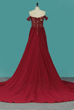 Red Slit Off The Shoulder Prom Dresses A Line Chiffon With Applique And Beads