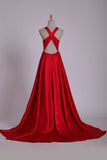 Red V Neck Evening Dresses A Line Sweep Train With Slit & Ruffles