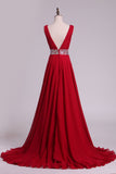 A Line V Neck Pleated Bodice Chiffon Prom Dresses With Beading Court Train