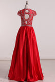 Open Back Scoop Beaded Bodice Prom Dresses A Line Satin