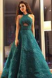 Unique A Line Green Halter Beading Satin Long Prom Dresses, Cheap Evening Dresses SJS15451