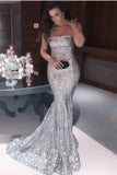 Sexy Mermaid Sequins Strapless Long Evening Dresses, Simple Prom SJS15665