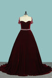 Spaghetti Straps A Line Velvet Prom Dresses With Beading Sweep Train