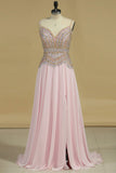 Spaghetti Straps Prom Dresses A Line With Beads And Slit Chiffon