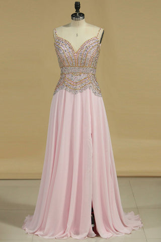 Spaghetti Straps Prom Dresses A Line With Beads And Slit Chiffon