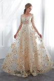 Charming A Line Floral Scoop Prom Dresses 3/4 Sleeves Empire Waist Long Evening Gowns SJS15088