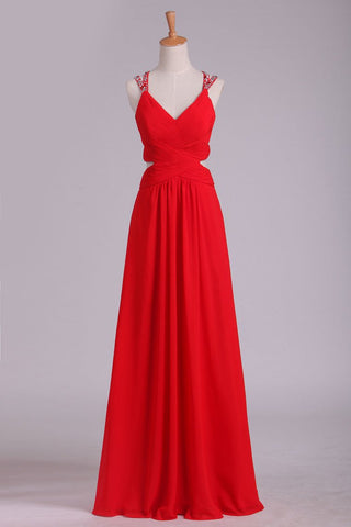 Red A Line Prom Dresses Spaghetti Straps Open Back With Ruffles And Beads Chiffon