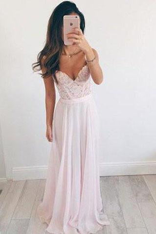 Elegant A-line V-neck Long Chiffon Baby Pink Long Prom Dress Evening Dresses JS859