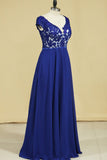 V Neck Prom Dresses Cap Sleeves Chiffon With Applique Open Back