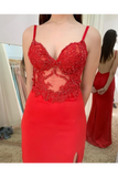 Illusion SweetHeart Neck Backless Spaghetti Red Prom Dresses With Sweep SJSP7GFQPJ3