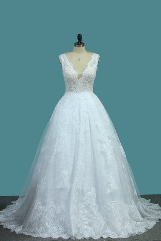 A Line Lace V Neck Wedding Dresses With Applique Open Back Court Train