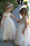 Cute Glitter A Line Gold Sequins Tulle Flower Girl Dresses, Little Girl Dresses SJS15573