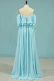 New Arrival A Line Chiffon With Slit Prom Dresses Sweep Train