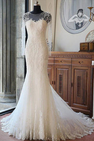 Sheath Mermaid Long Sleeves Ivory Lace Tulle Wedding Dresses