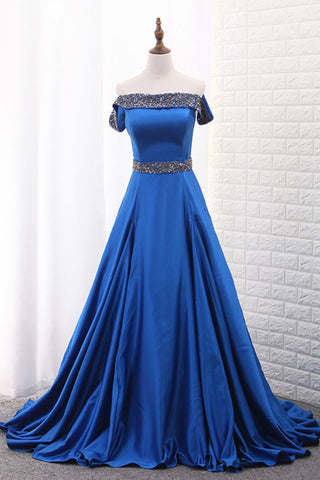 Boat Neck Satin A Line With Beads Sweep Train Prom Dresses