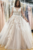 Unique V Neck Tulle Lace Wedding Dress Tulle Ball Gown Prom Dress With Appliques