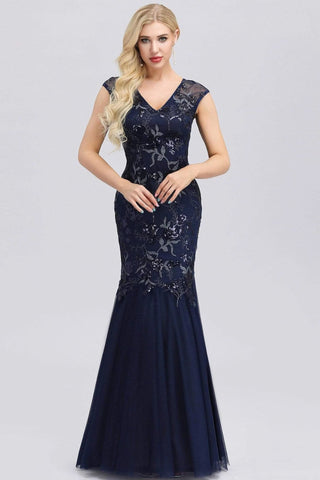 Elegant V-Neck Beaded Bodycon Mermaid Prom Dresses Straps Evening Gowns SJS15215