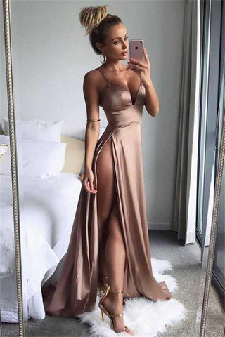 Sexy Front Split Simple Cheap Long Prom Dresses