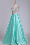 A Line V Neck Open Back Prom Dresses Beaded Bodice Satin