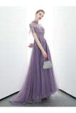 A-Line Tulle Long High Neck Prom Dresses With Ruffles Formal Evening Dress