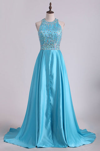 Scoop Beaded Bodice Open Back A Line Satin Prom Dresses