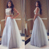 Grey Two Pieces Simple Tulle Long Scoop Sleeveless A-line Beading Evening Dresses JS988