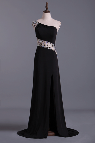 Prom Dresses A Line One Shoulder With Slit And Beading Sweep Train