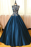 Sexy Open Back High Neck Prom Dresses A Line Satin With Applique