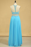 Two-Piece Scoop Prom Dresses A Line Open Back Chiffon & Tulle With Beading