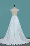 A Line Wedding Dresses Sexy Open Back Scoop Cap Sleeves Elastic Satin & Lace