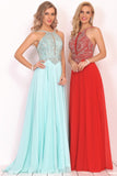 A Line Chiffon Spaghetti Straps Prom Dresses With Beading Floor Length