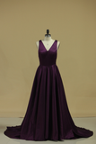 Grape V Neck Evening Dresses A Line With Slit & Ruffles Sweep Train