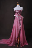 Pink Sheath/Column Strapless Asymmetrical Chiffon Lace Cz