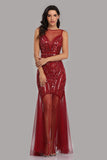 See Through Burgundy Mermaid Bateau Prom Dresses with Beading Tulle Party Dresses SJS15324