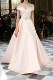 Elegant pink satins off-shoulder A-line long evening dress for prom