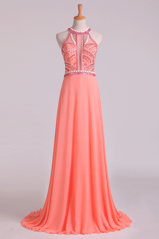 Halter Prom Dresses A Line Chiffon & Tulle Sweep Train With Beading