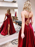 Simple Burgundy A Line Sleeveless Satin Long Prom Dresses