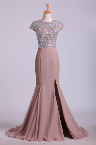 Scoop Prom Dresses Beaded Bodice Chiffon Trumpet Sweep Train