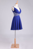 Homecoming Dresses Straps A-Line Short/Mini Chiffon With Beads And Ruffles Dark Royal Blue