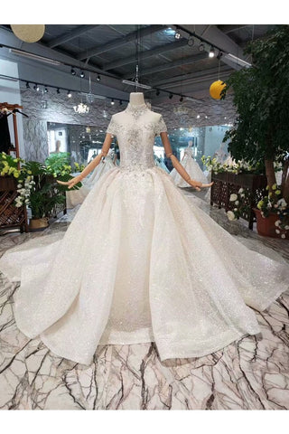 Ball Gown Wedding Dresses High Neck Top Quality Tulle Beading Short Sleeves