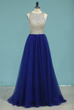 A Line Scoop Beaded Bodice Prom Dresses Open Back Tulle Sweep Train