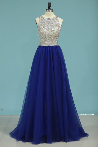 A Line Scoop Beaded Bodice Prom Dresses Open Back Tulle Sweep Train