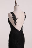 Open Back Bateau Dark Navy Evening Dresses Mermaid Tulle With Applique