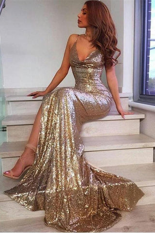 Sequin Shiny Long Sheath Spaghetti Straps Sexy V-Neck Prom Dresses