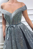 Elegant Sequins Off the Shoulder Sleeveless Prom Dresses, Silver Slit Evening Dresses SJS15199