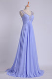 V Neckline And Deep V Back Chiffon Long A Line Prom Dress With Beaded Tulle Straps